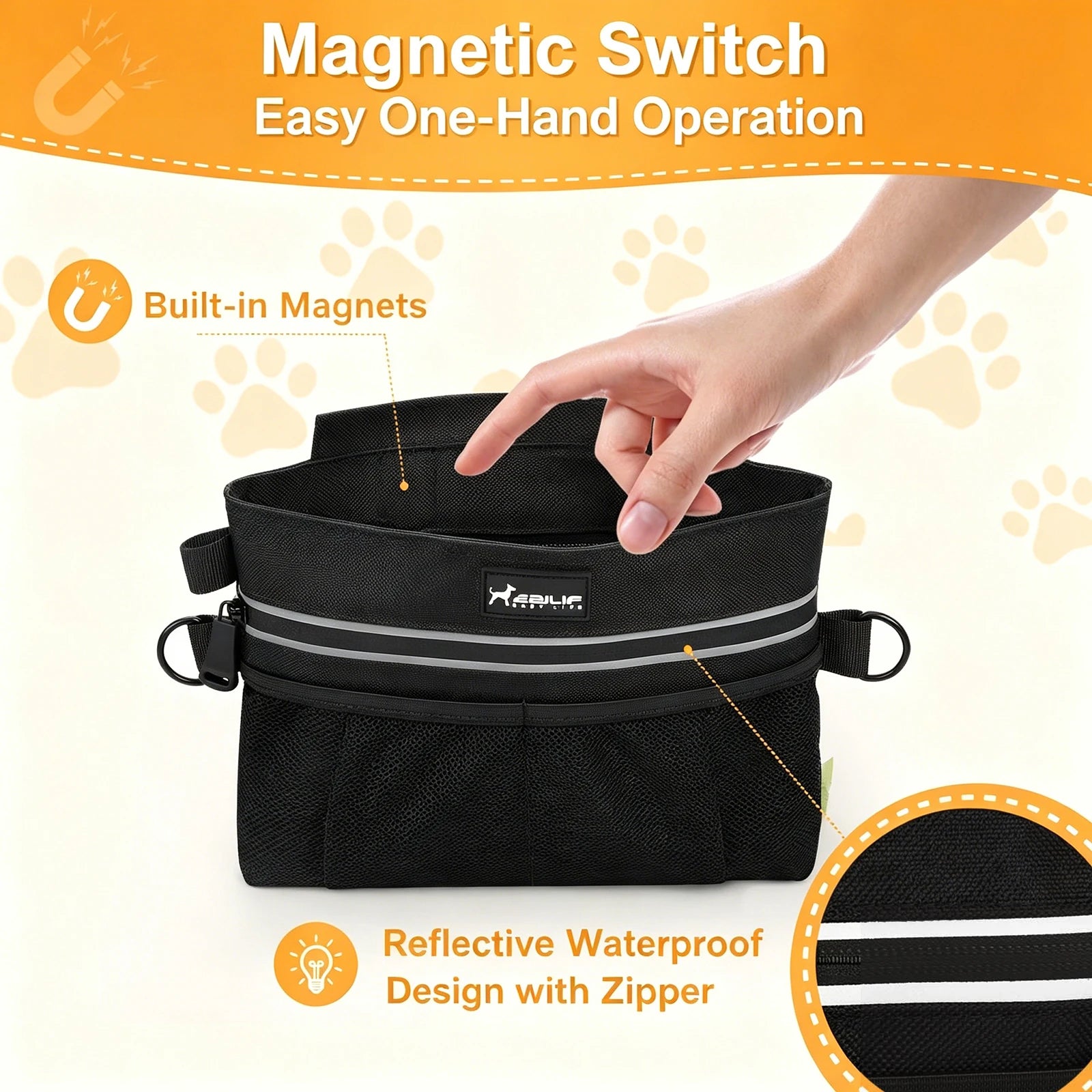 Large Capacity Training Treat Bag 3 Zipper Pockets Magnetic Closure Detachable Snack Pouch Pet Walking Waist Bag Pet Outdoor MTB Zpaxo