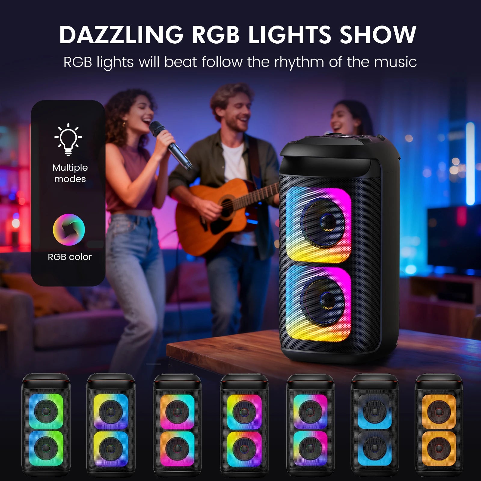 T37 Karaoke Machine 2 Wireless Microphones LED Lights 3D Sound Echo