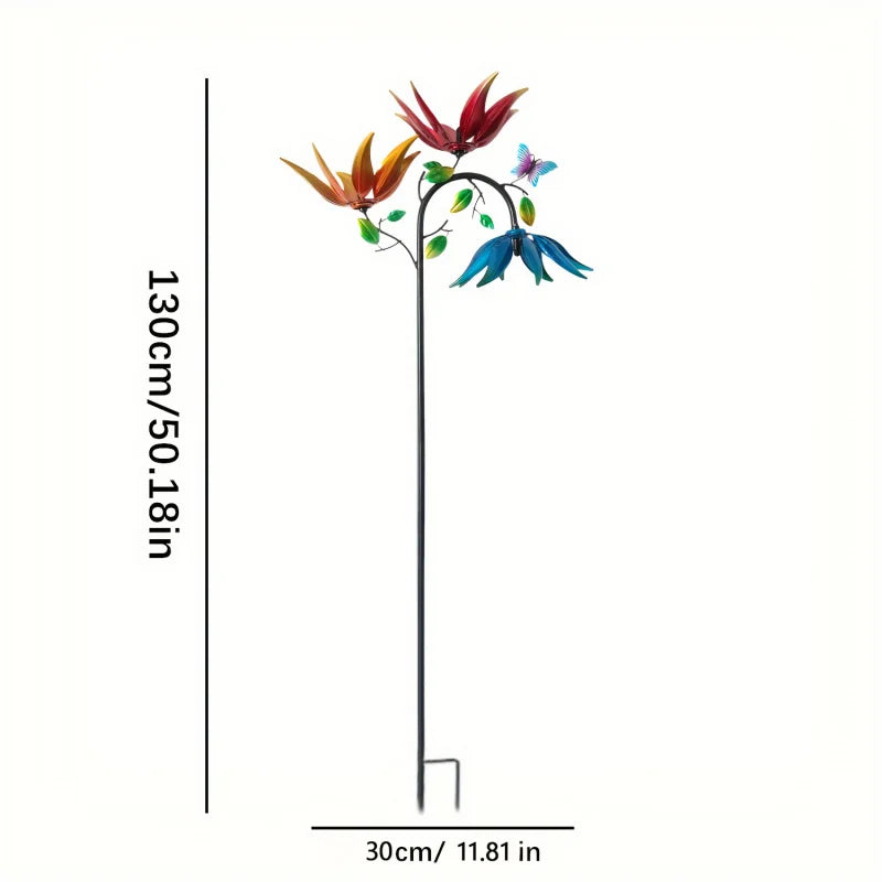 Metal Wind Spinner Flowers Butterflies Three Rotating Flower