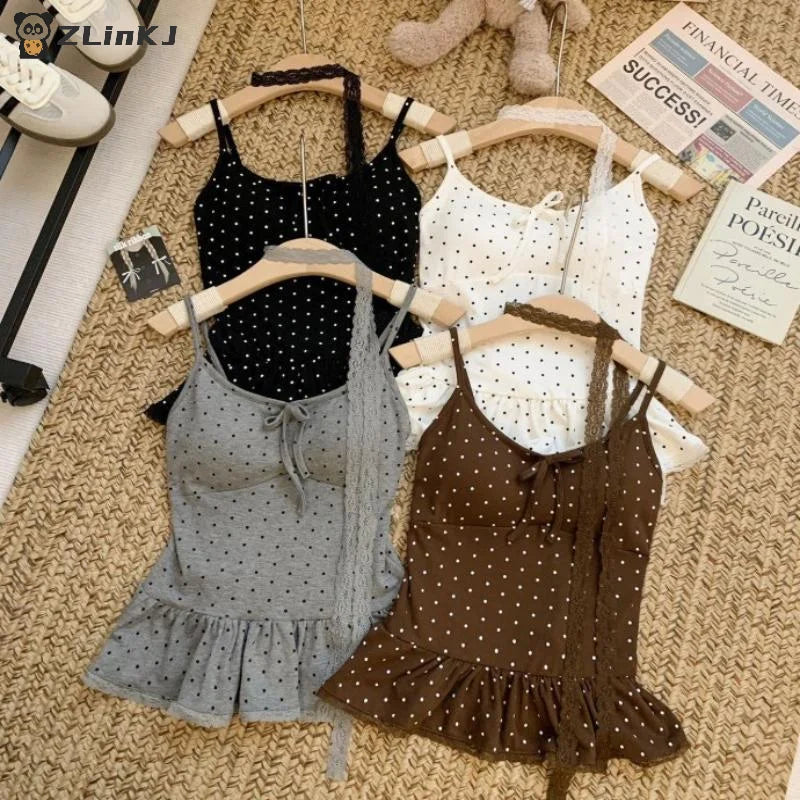 ▶Women Clothing Summer Fashion Casual Polka Dot Solid Color Sling Ladies Fashionable Appear Thin Slim Young Style Tops Zpaxo