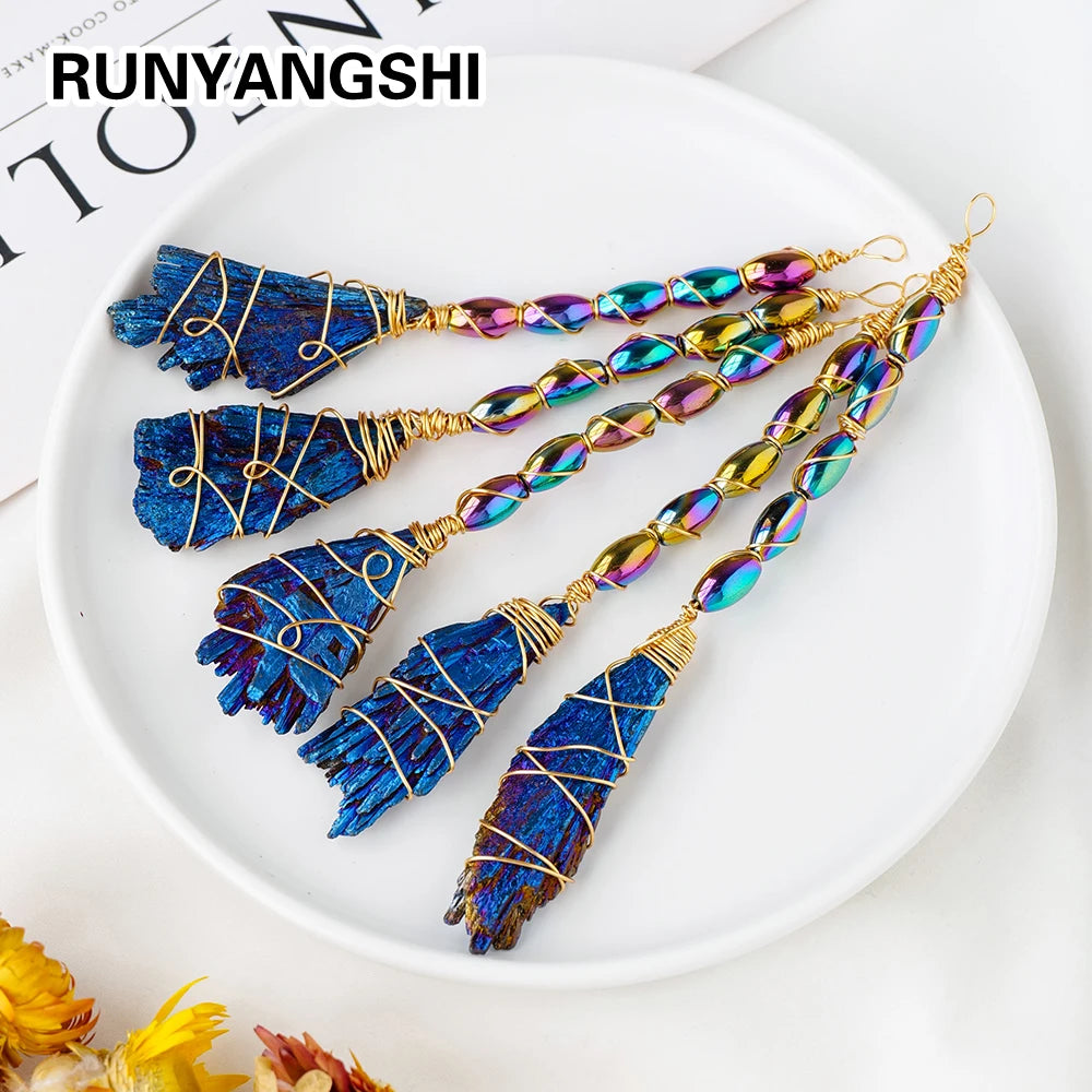Natural Crystal Broom Black Tourmaline Aura Blaze Blue Feather Shape DIY Sweeper Witchcraft Ornaments Zpaxo