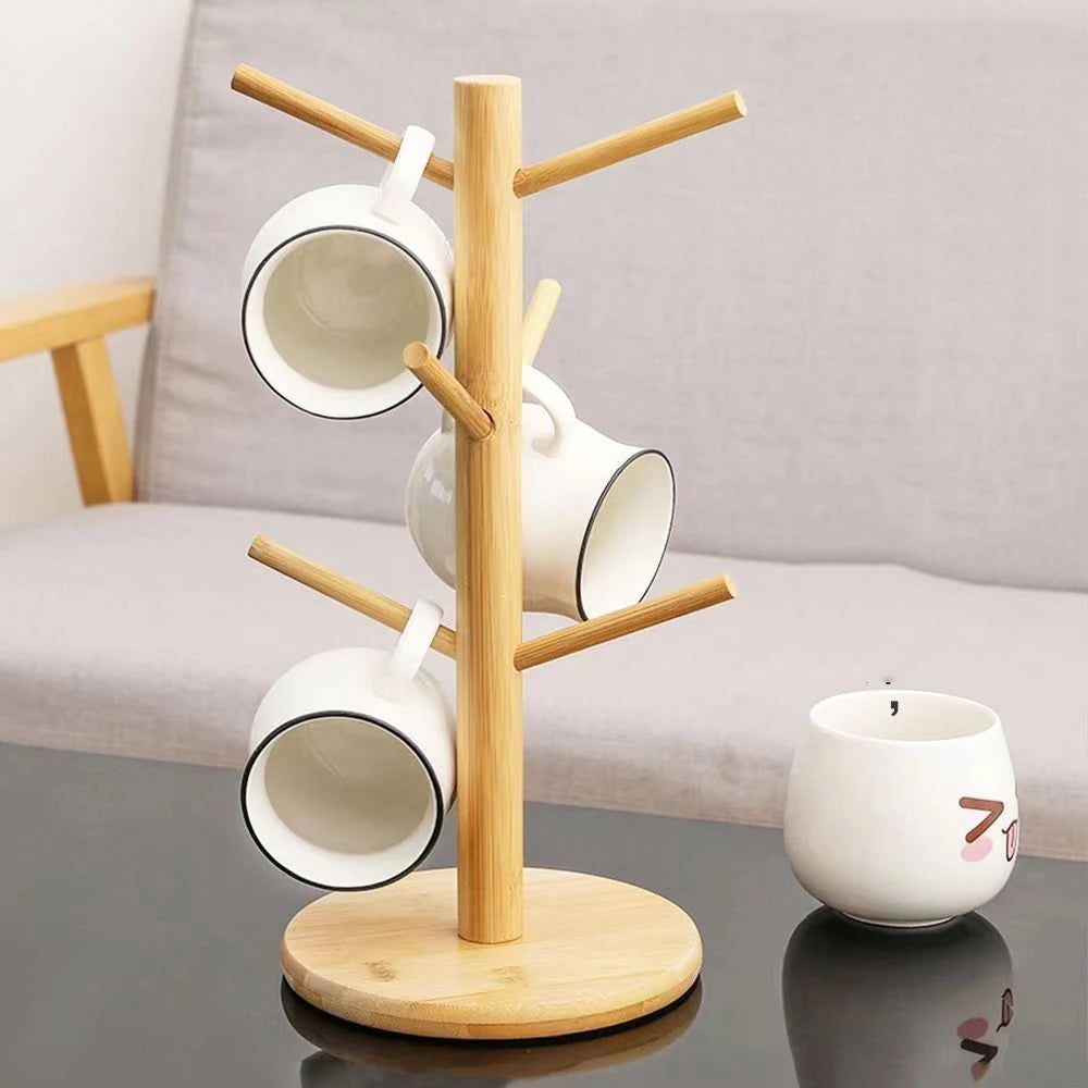 Tree-Shape Bamboo Mug Holder Stand – 6-Hook Cup Display Rack