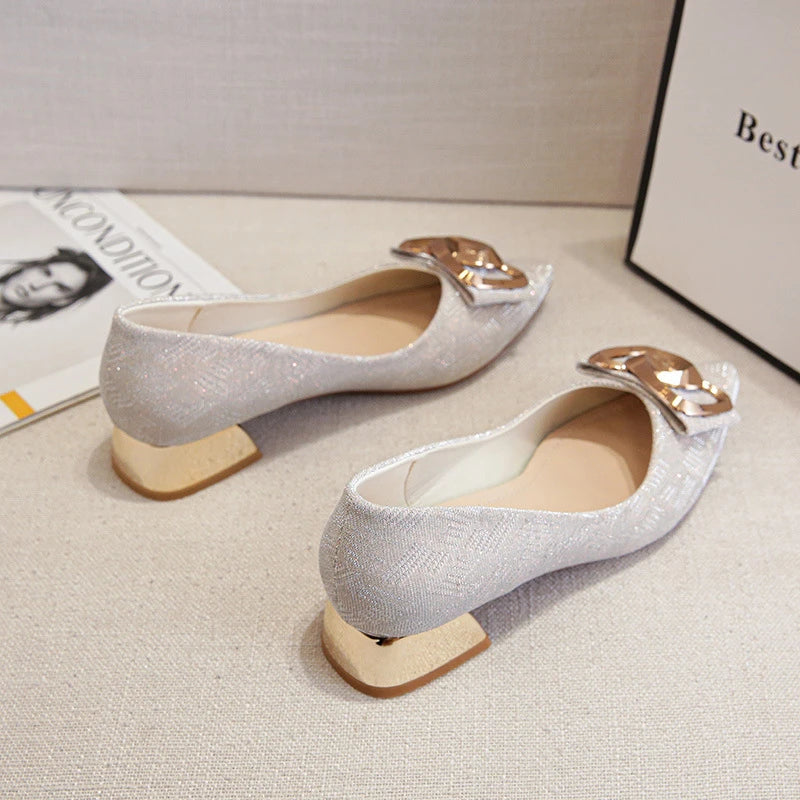 Womens Metal Square Buckle Mid Heel Pumps Chunky Pointed Toe Soft Zpaxo