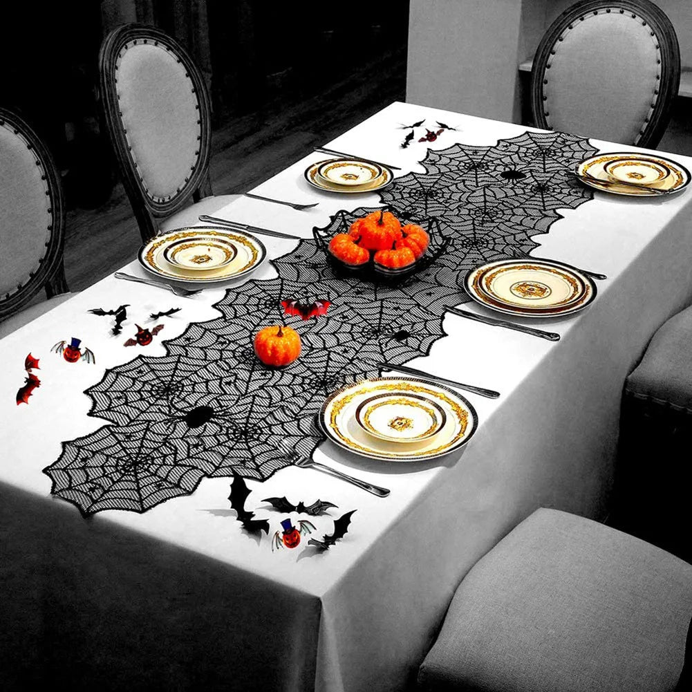 Halloween Decoration Black Spider Web Tablecloth Lace Table Runner