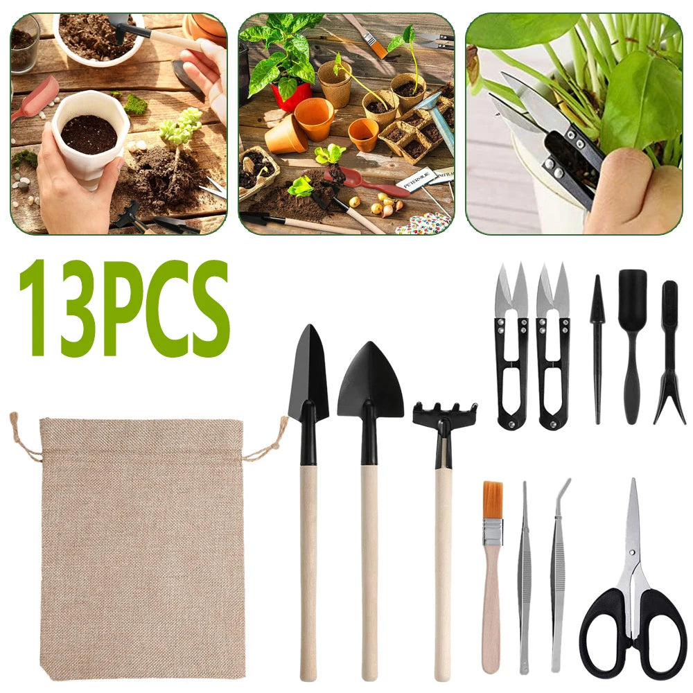 13pcs Mini Garden Shovel Rake Spade Scissors Bonsai Tools Set Wooden Handle Scissors for Flowers Potted Plant Garden Weeding Zpaxo
