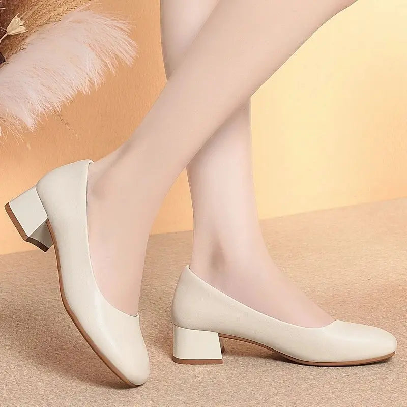 Square Toe Black Leather Shoes Thick Heel Work Women Soft Sole Zpaxo
