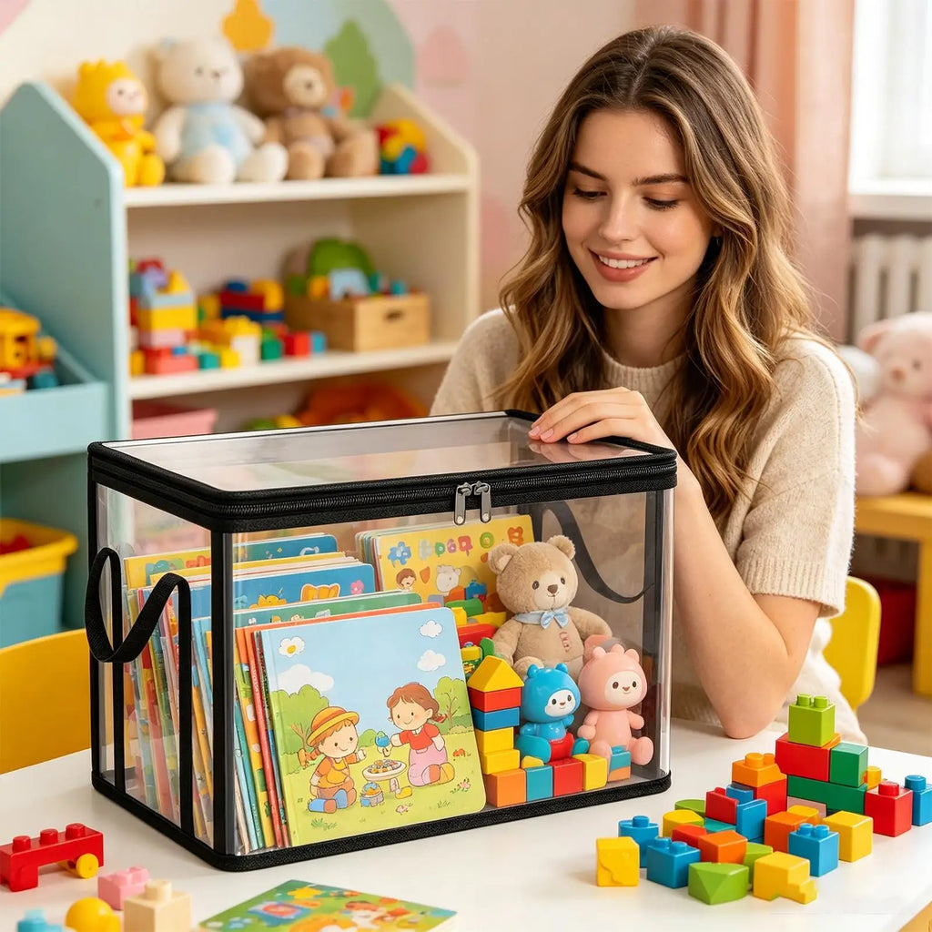 Clear Plastic Book Storage Box Large Capacity Stackable Organizer
