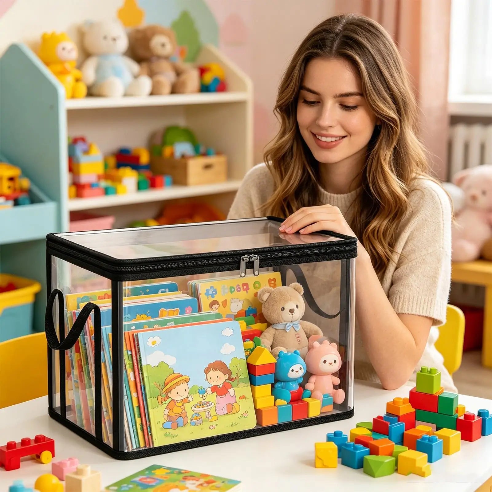 Clear Plastic Book Storage Box Large Capacity Stackable Organizer
