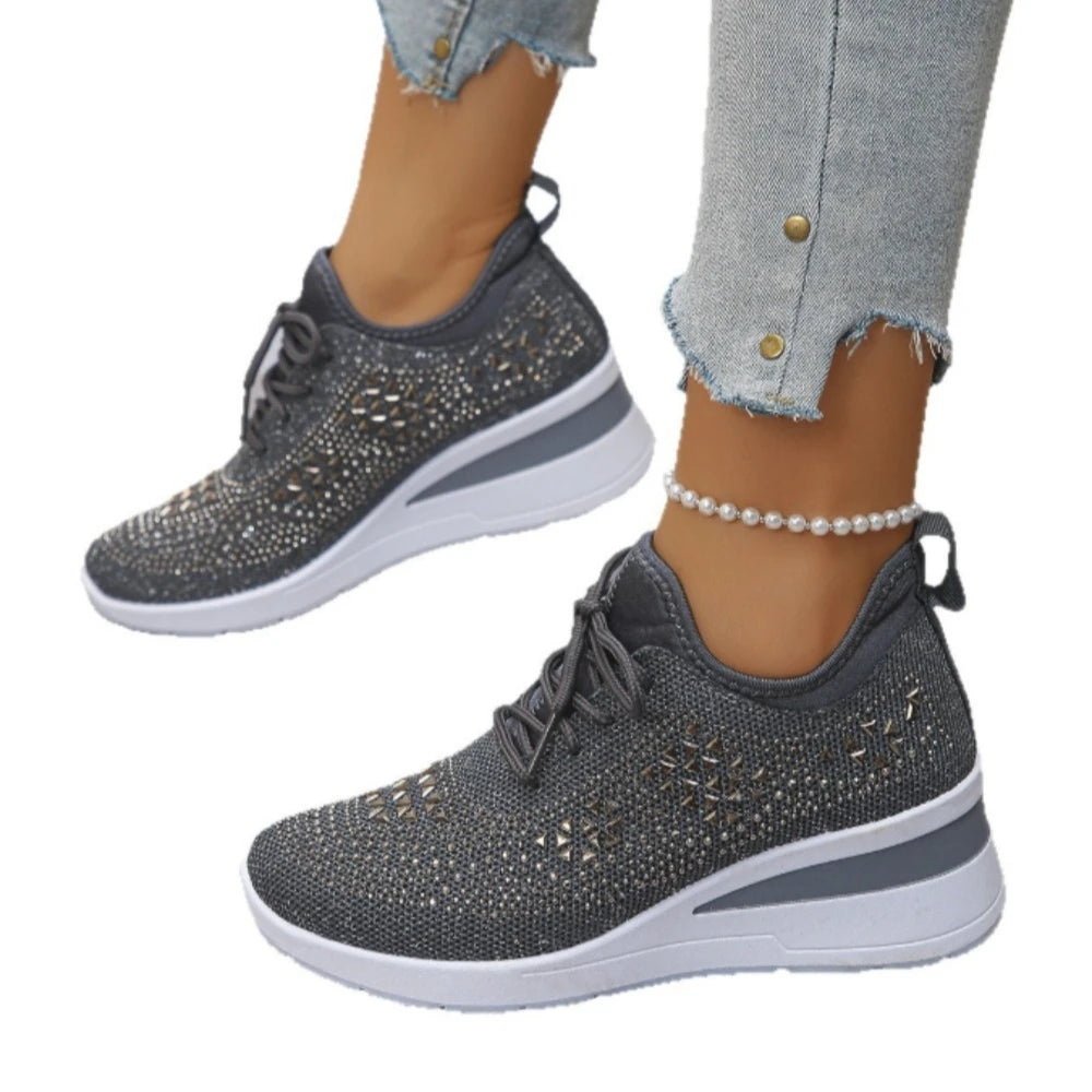 Women's Shiny Rhinestone Wedge Sneakers Breathable Knit Non Slip
