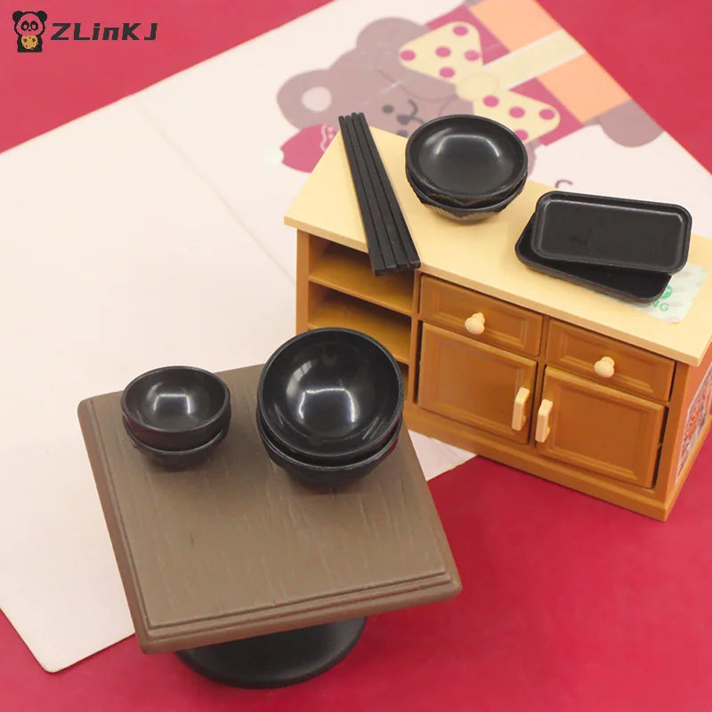 ▶1Set 1:6 Dollhouse Miniature Dinner Plate Bowl Chopsticks Tray Tableware Kitchen Model Decor Toy Doll House Accessories Zpaxo