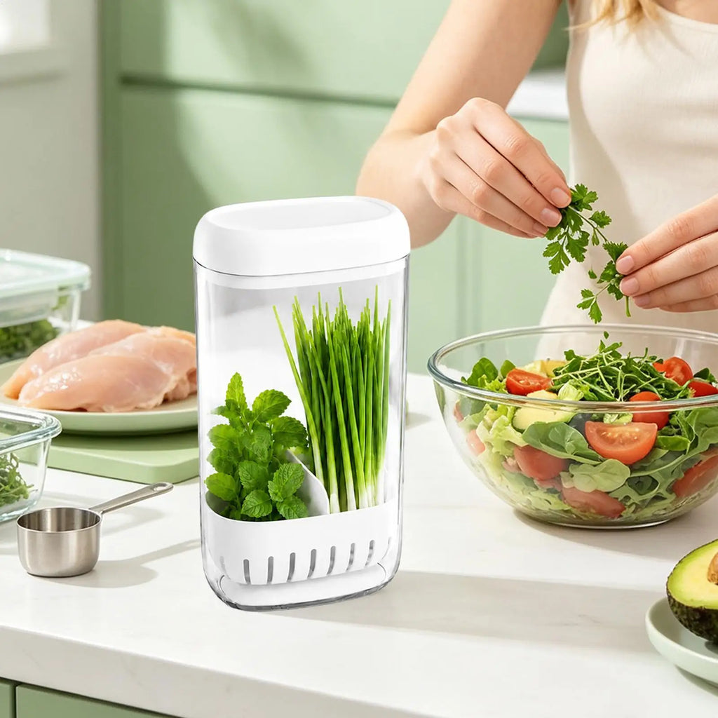 Cilantro Keeper Drainage Lid Removable Divider Kitchen Produce Saver
