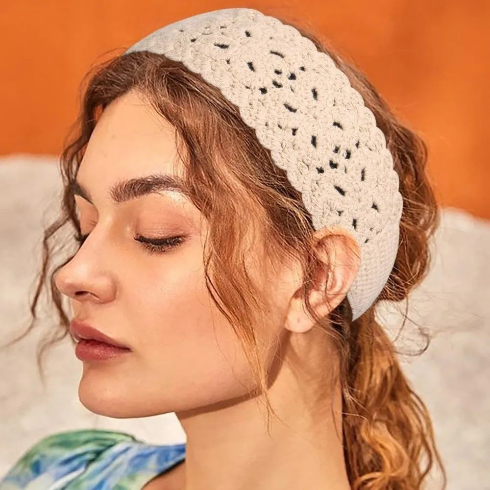 Boho Floral Headband Handmade Solid Color Knit Hair Band Hollow Out Crochet Hair Scarf Zpaxo