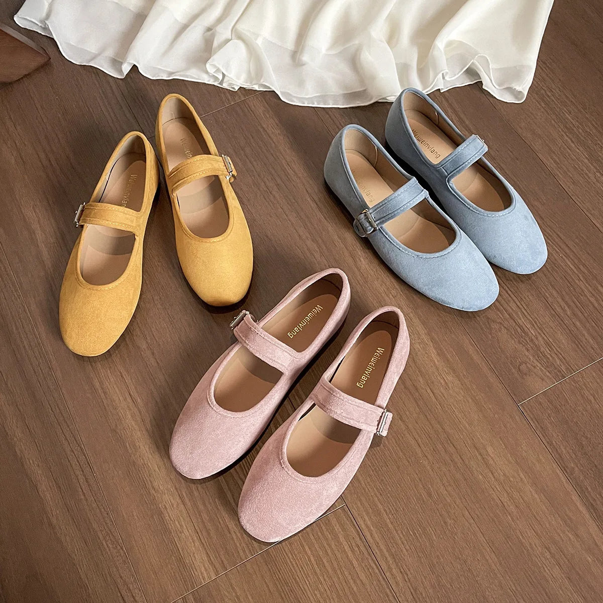 French Flat Shoes Women's Spring and Autumn Ballet Shoes Pink Round Toe Suede Mary Jane Plus Size Women's Shoes Ladies Zpaxo