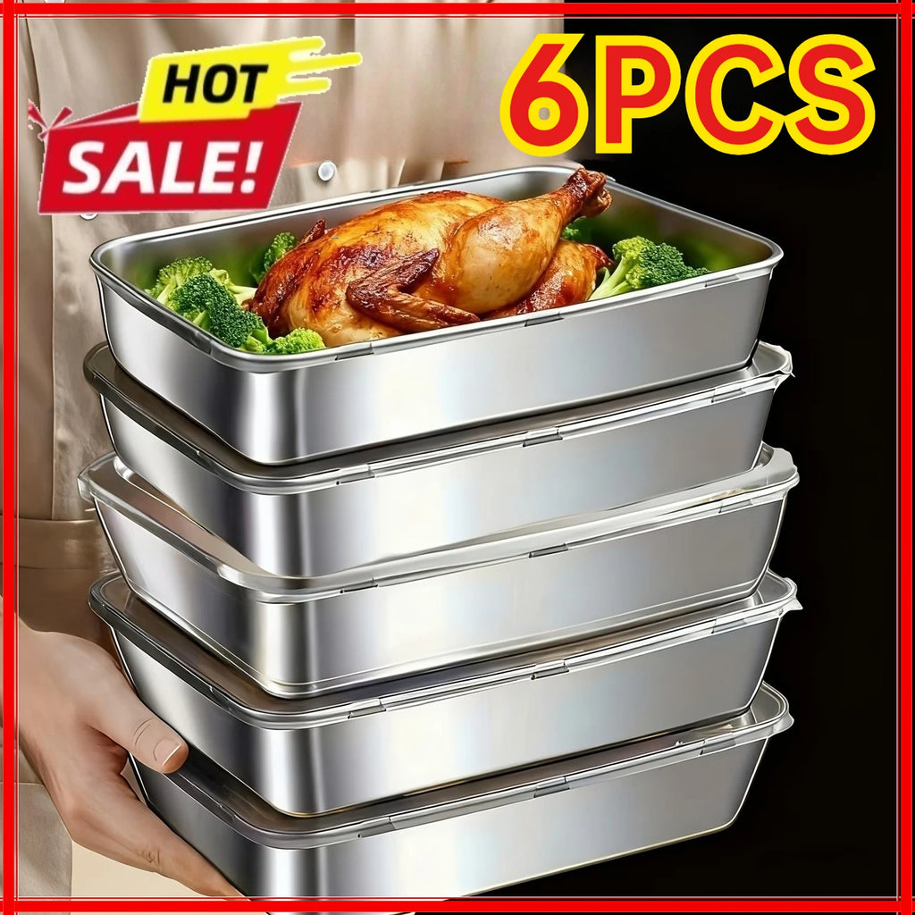Plate Stainless Steel Food Container with Cover Thick Tray Fresh-keep Food Fruit Lid Sealed Storage Box Kitchen Fridge Organizer Zpaxo