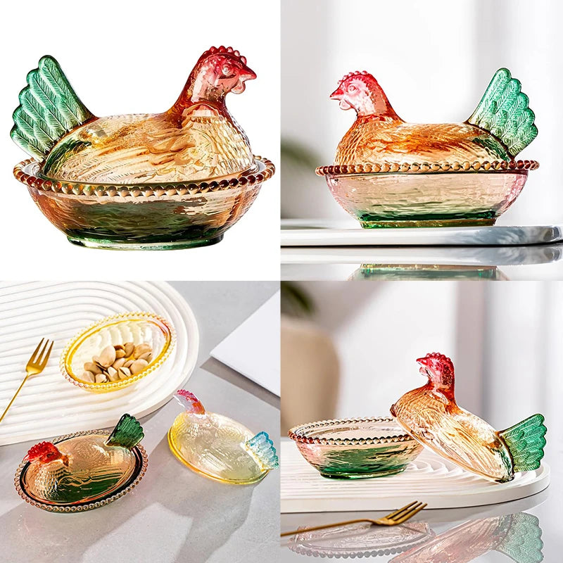 Hen-on-Nest Glass Candy Dish with Lid | Retro Chicken Bowl