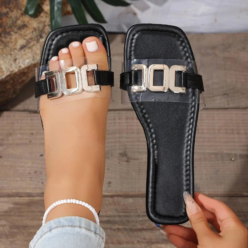 Women's Sandals Summer Large Fashion Metal Buckle Slippers Flat Pvc Zpaxo black 41