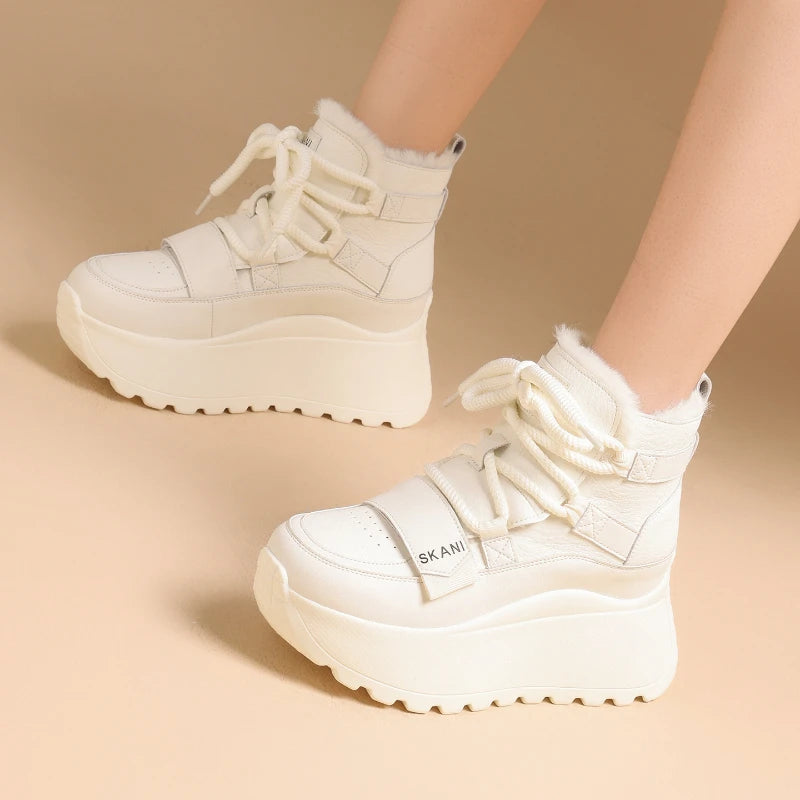 Womens Winter Leather Upper Boots Thick Fleece Lined Sneakers Height Zpaxo