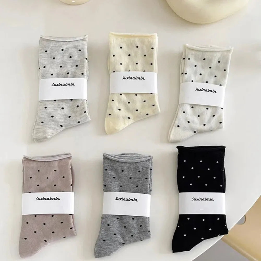 Comfortable Curled-edge Polka Dot Socks Thin Breathable Mid-Tube Socks Sweat Absorbent Women's Socks Summer Zpaxo