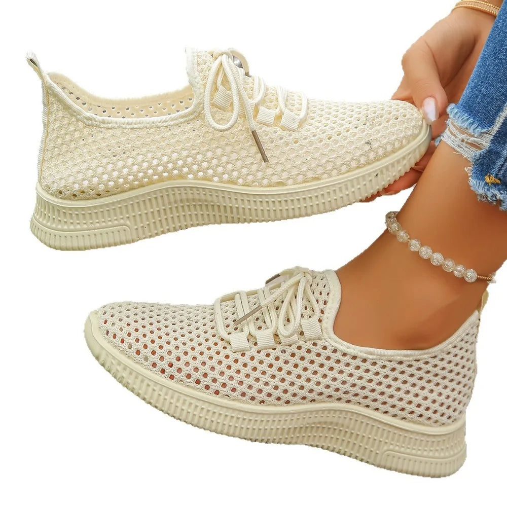 Women's Breathable Mesh Sneakers Lace-up White Walking Shoes Non-slip
