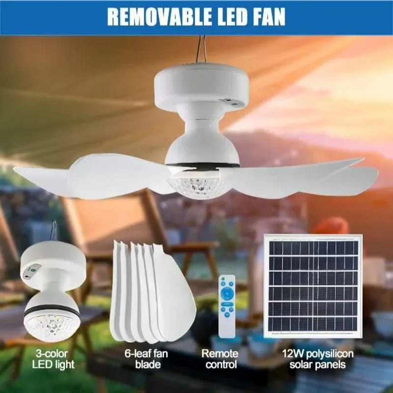 Solar Powered Charging Ceiling Fan Lights with 3 Color Led Lighting Portable for Outdoor Indoor Use Solar Fan Bulb Lamp Zpaxo