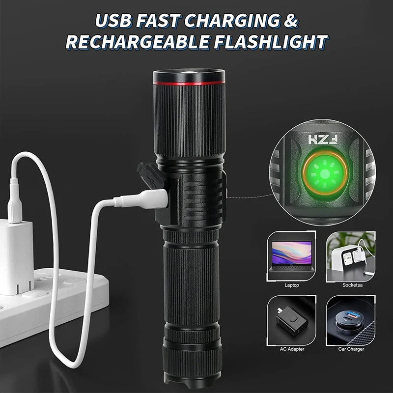 KDULIT 2000LM Tactical LED Flashlight | USB Rechargeable Zoom Torch