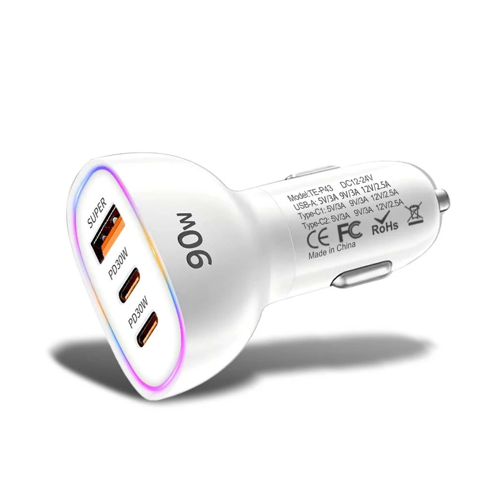 90W USB C Car Charger Dual PD 30W Multiple Ports Fast Charging