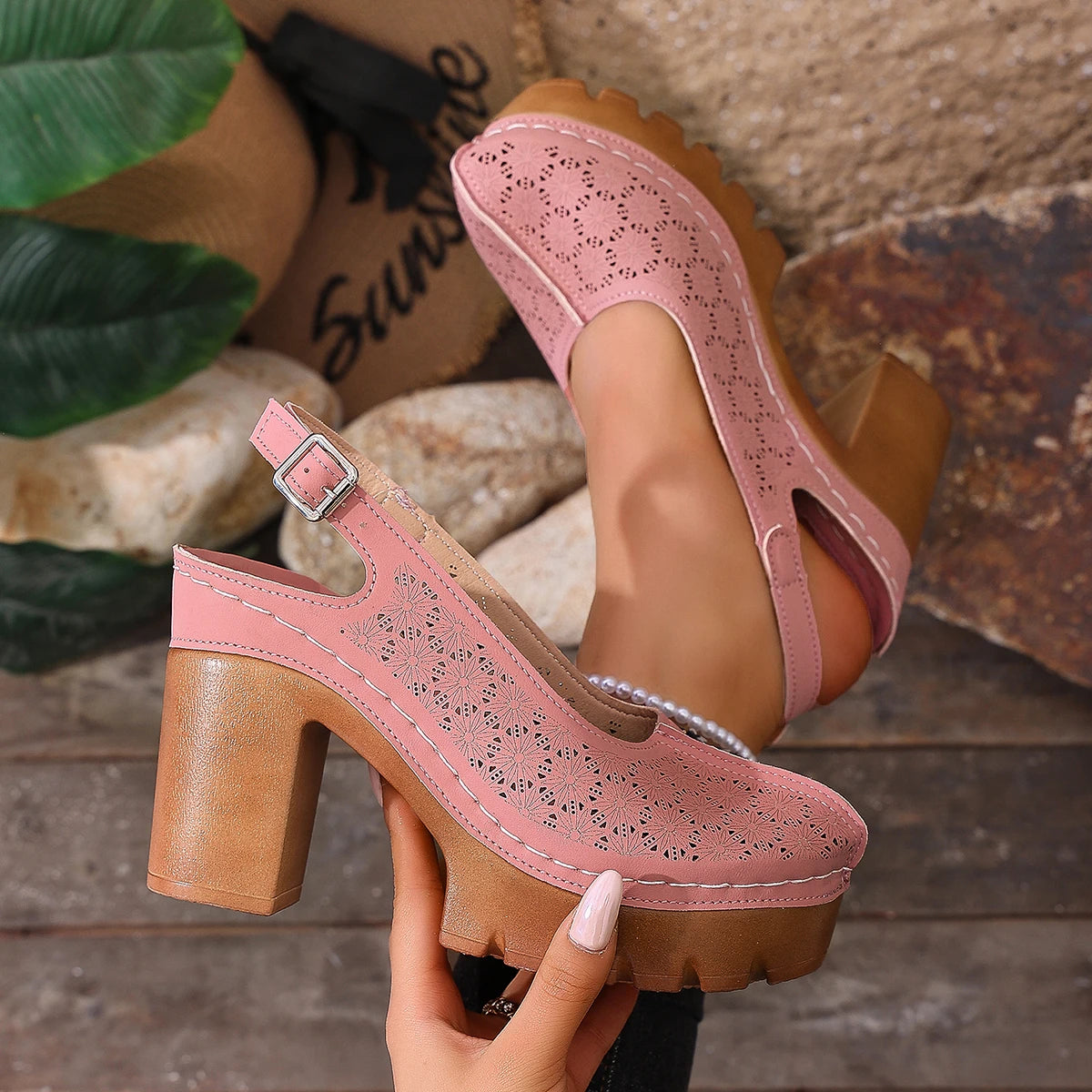 Women Chunky Heel Sandals 2026 New Fashion Hollow Beach Shoes Lightweight High Heeled Sandals Casual Designer Shoes for Women Zpaxo Pink 42