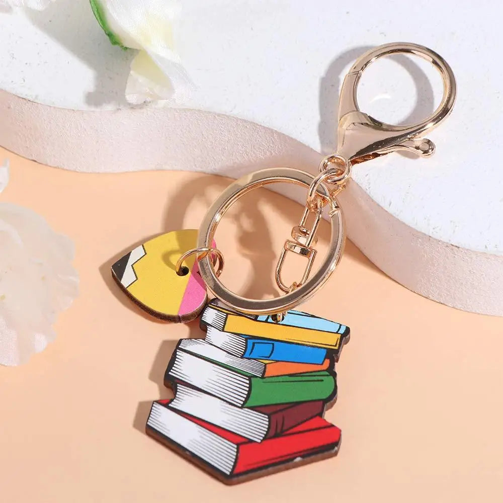 Wooden Pencil Rainbow Keychain English Letter Charm Teacher's Day Keychain Aesthetic Geometric Shape Teacher Education Pendant Zpaxo