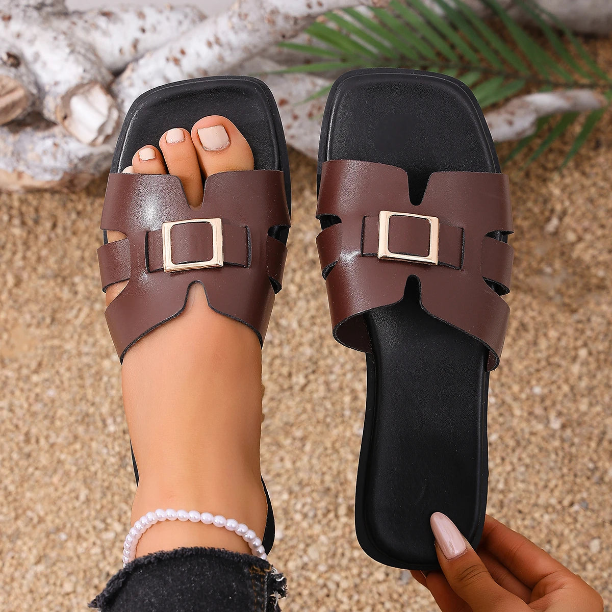 Women Slippers Square Open Toe Slip Shoes Womensolid Lightweight Zpaxo