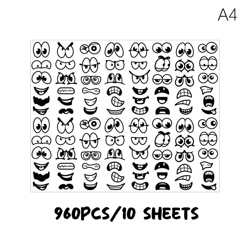 480/960pcs Cartoon Expressions Stickers Self-Adhesive Eyes Mouth Sticker With Playful Faces For Scrapbook DIY Decoration Parties Zpaxo A4