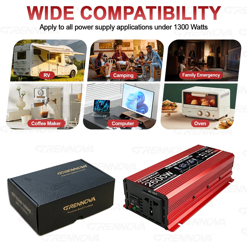 GRENNOVA Real 2600W Pure Sine Wave Inverter 1300W Peak DC 12V/24V/48V/60V/72V to AC Voltage Transformer with LCD Display & Fan Zpaxo