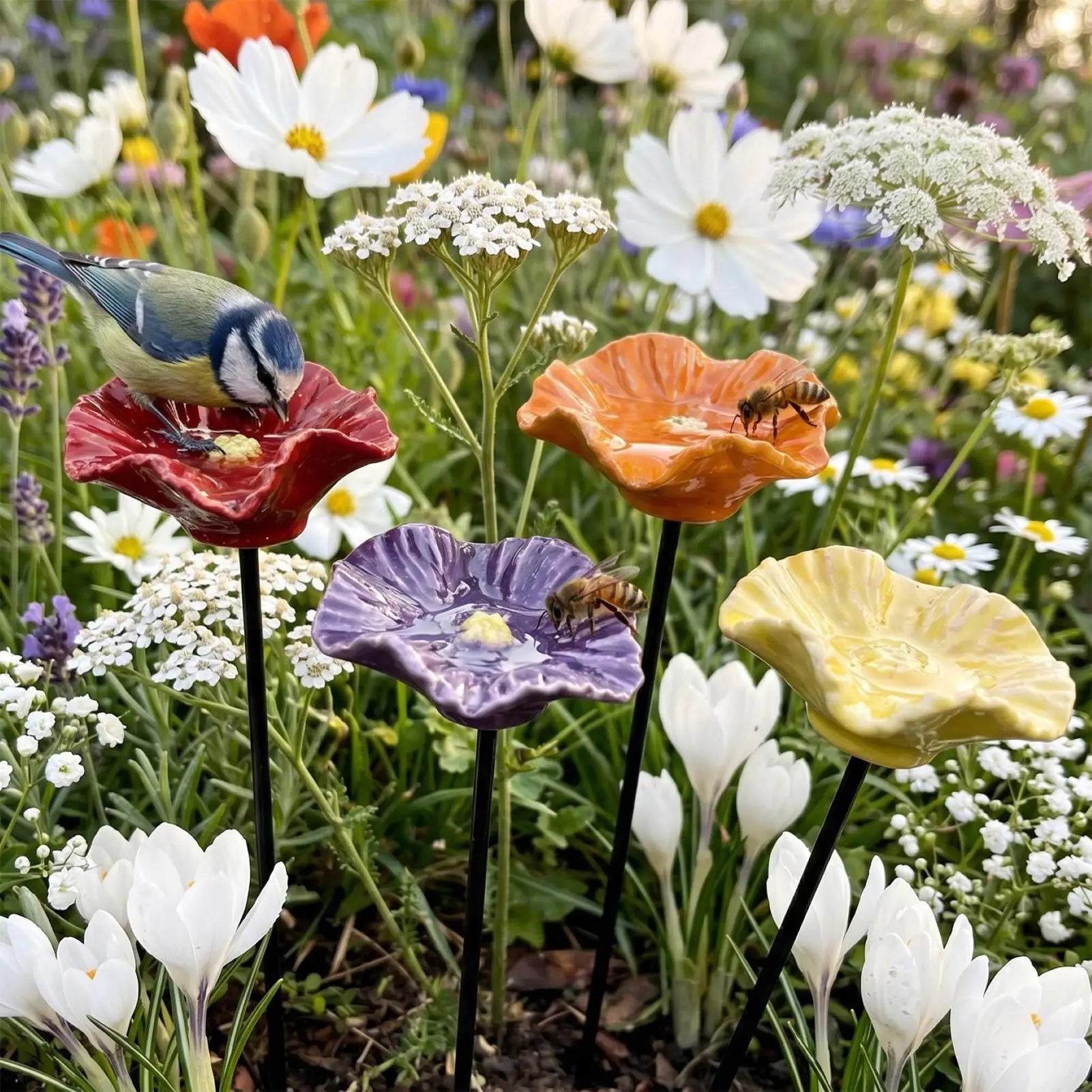 Creative Portable Bee Water Feeder Resin Flower Drinking Fountain