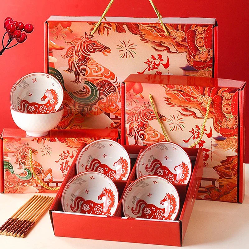 Year Horse Ceramic Bowls Chopsticks Year's Souvenir Zpaxo