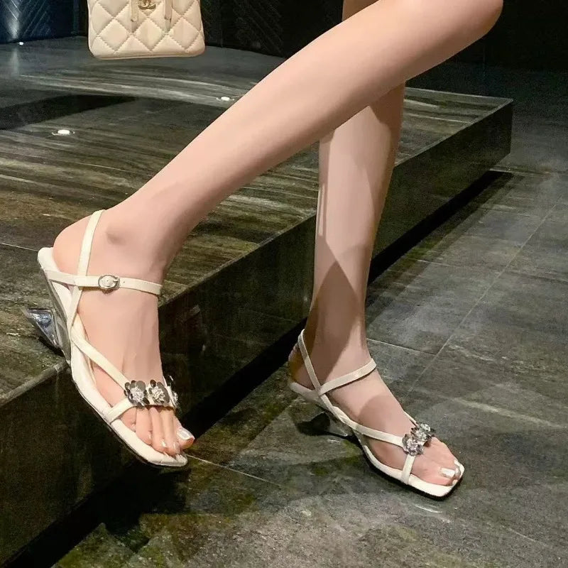 Flower Decoration Ankle Strap Women's Sandals Summer Mid Heel Square Zpaxo