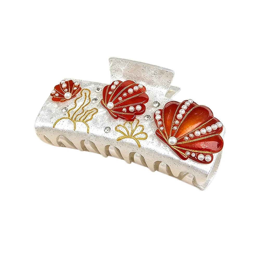 New Large Rhinestone Shell Hair Claw Acrylic Geometric Pattern Hair Claw Clips Ocean Series Pearl Shell Hair Clip Beach Zpaxo White seashells