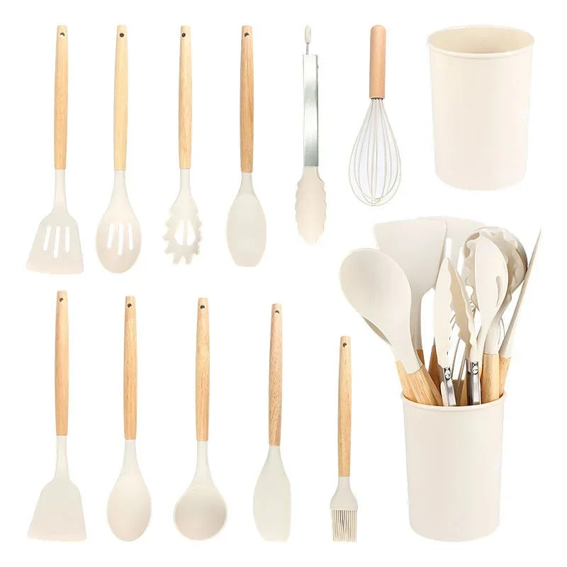 12Pcs/5pcs Silicone Kitchenware Non-Stick Cookware Kitchen Utensils Set Spatula Shovel Egg Beater Wooden Handle Cooking Tool Set Zpaxo Beige 12PCS