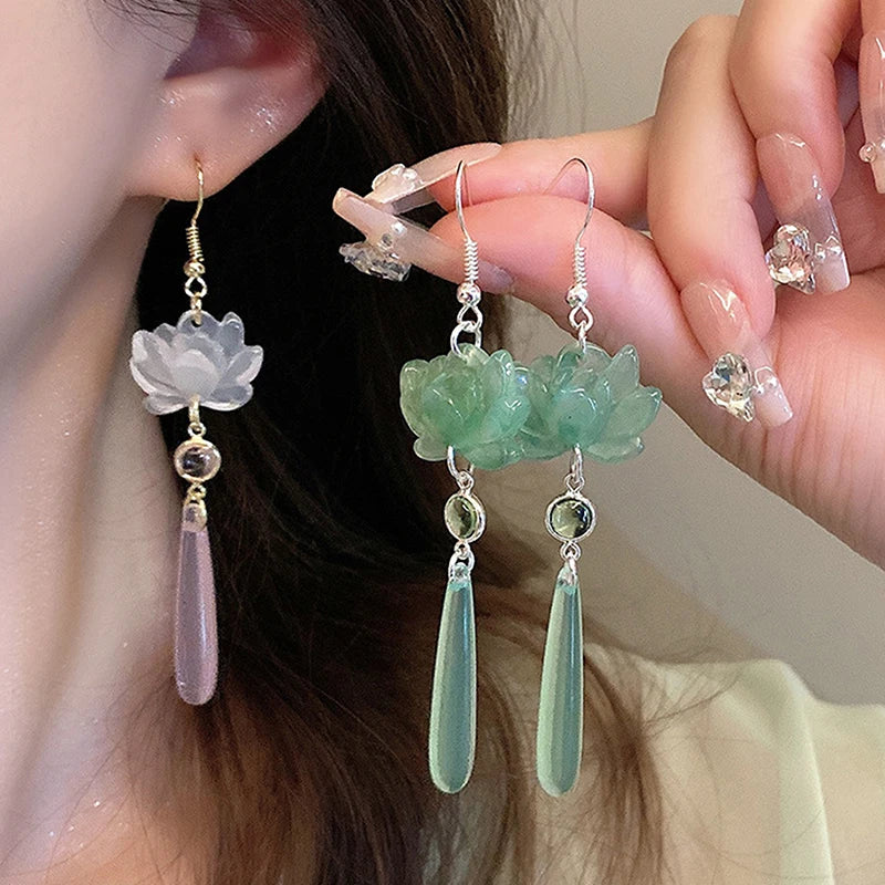 Chic Chinese Inspired Lotus Pendant Tassel Earrings Women Zpaxo