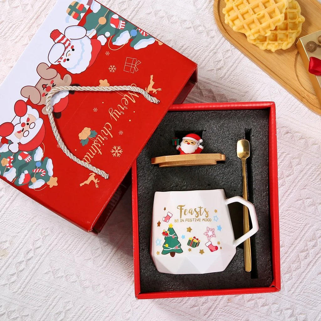 Ceramic Mug Lid 55 Warm Spoon Box Featuring Santa Claus Office Home