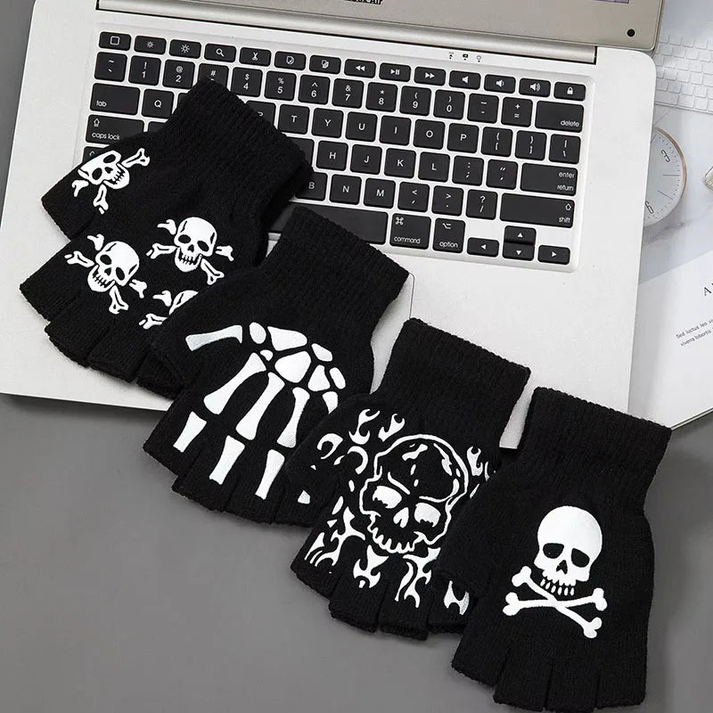 Glow-in-the-Dark Skeleton Fingerless Gloves – Unisex Halloween