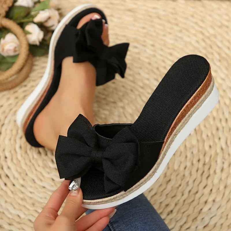 Women's Fish Mouth Open Toe Vintage Bow Embellishment Wedge Heel Zpaxo black 36