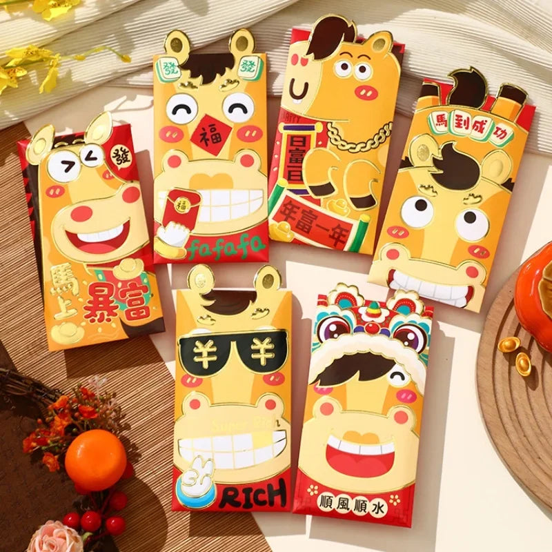 6Pcs 2026 Horse Year Cartoon New Year Red Packet Lucky Red Envelope Creative Spring Festival Birthday Wedding Lucky Money Pouch Zpaxo