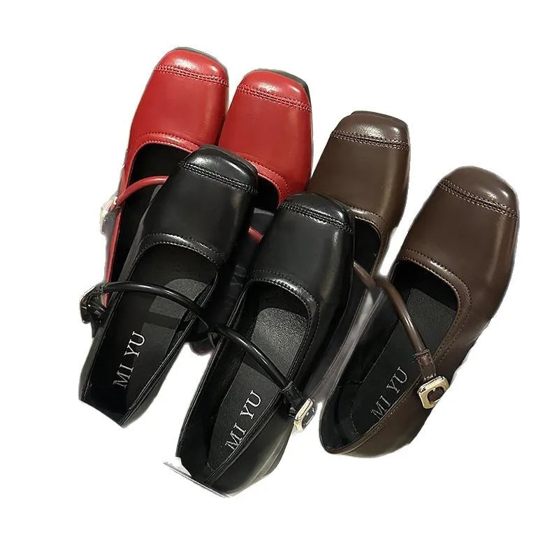 Shoes Women Fashion Medium Heeled Single Soft Comfortable Red Ballet