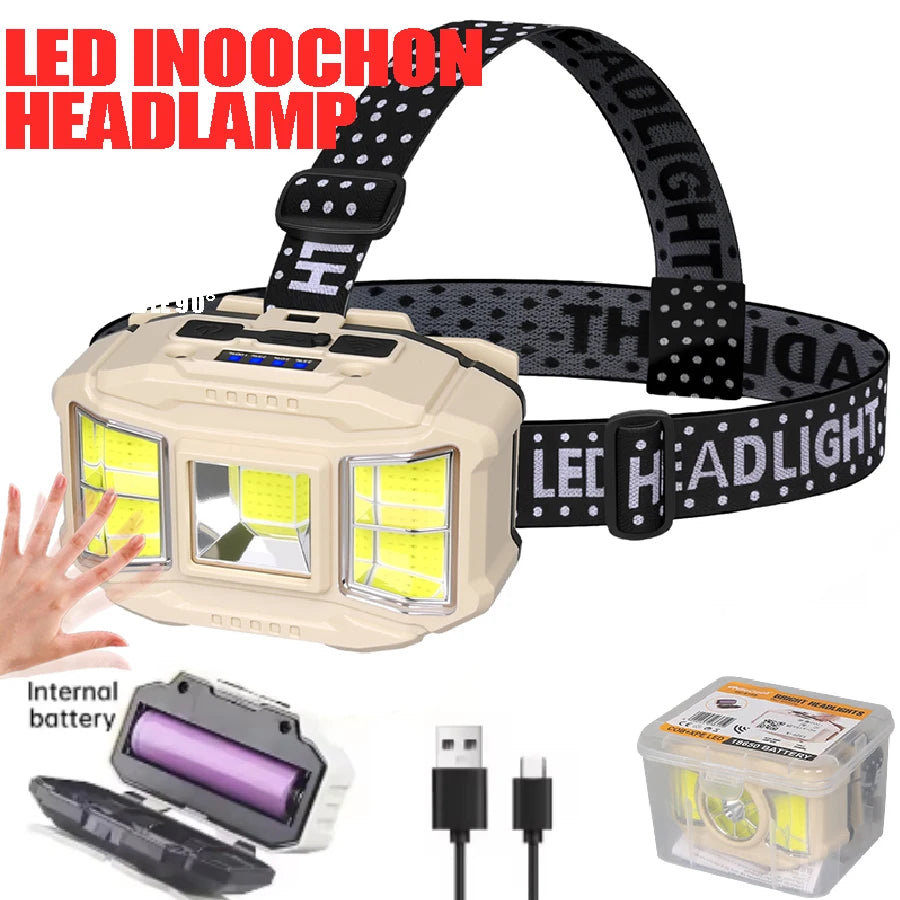 COB LED Rechargeable Headlamp – 5 Modes, Motion Sensor, USB-C