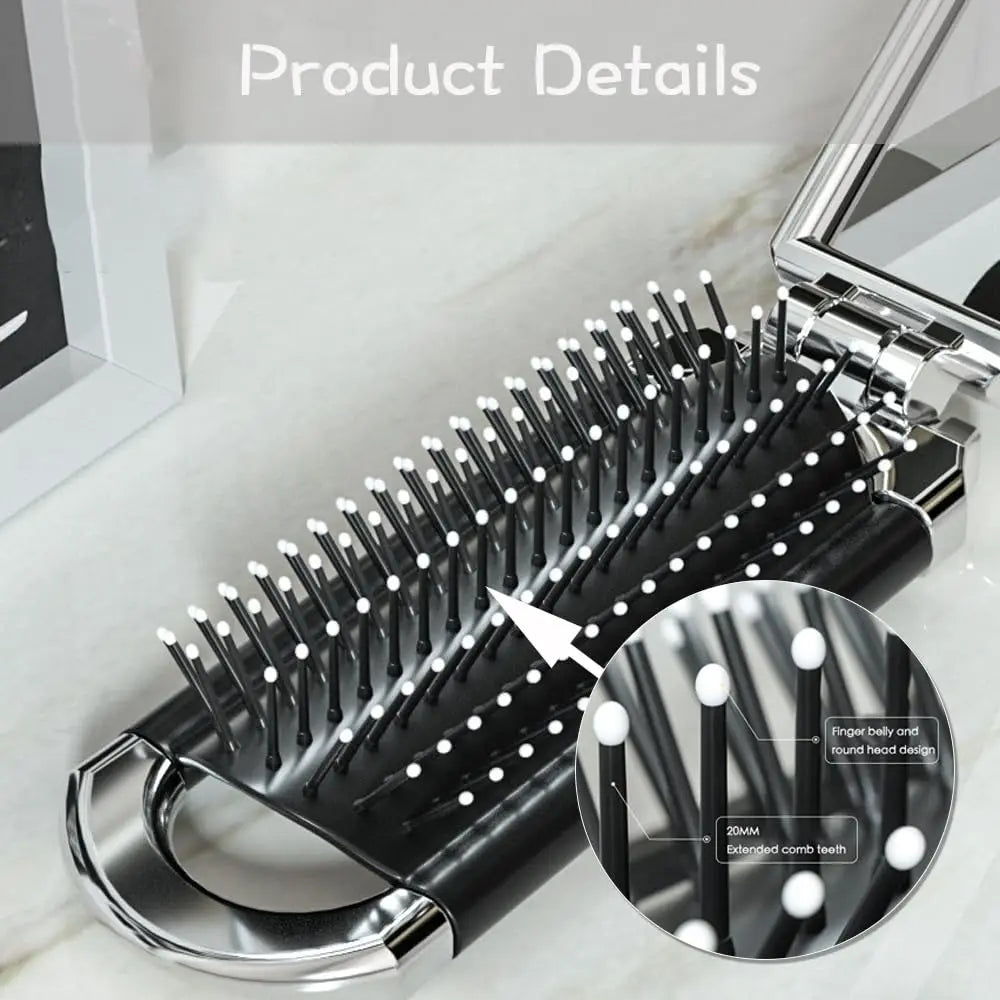 Folding Hair Brush with Mirror – Compact Travel Detangler