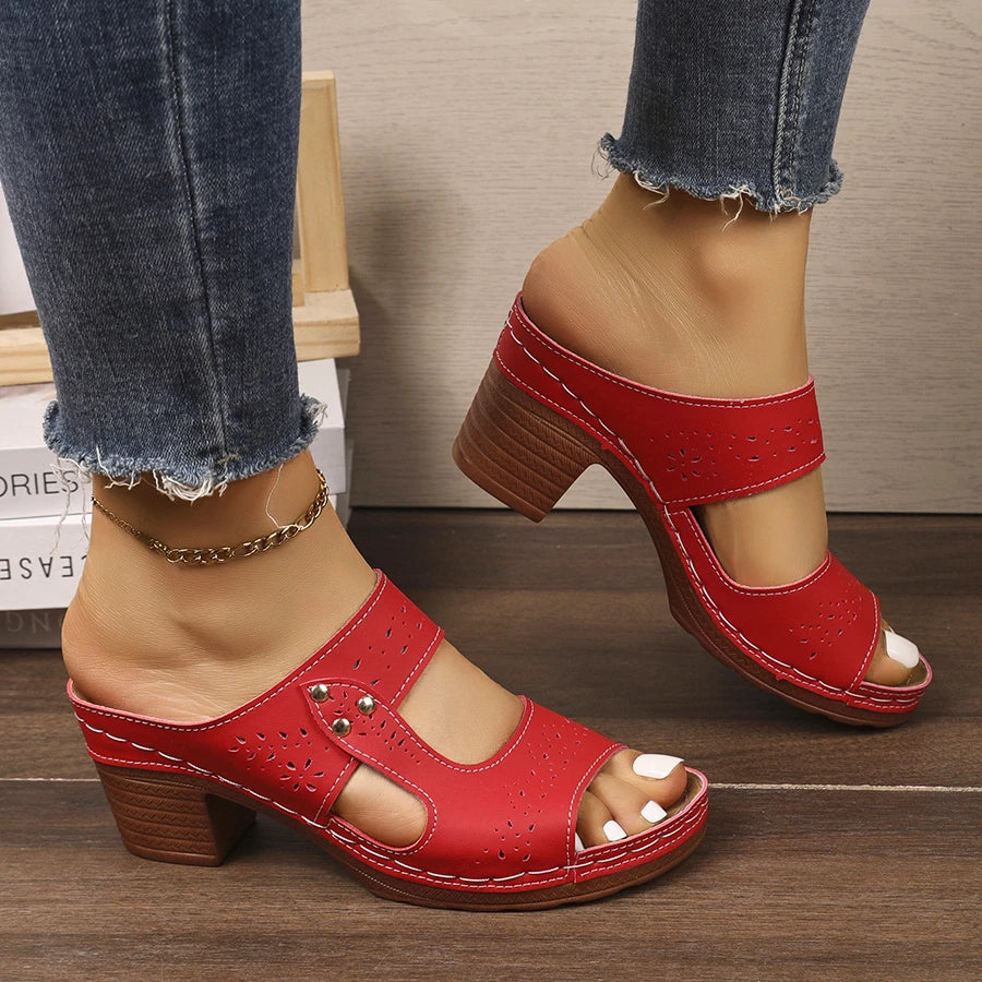 Women Sandals 2026 New Comfortable Slippers Open Toe Hollow Out Chunky Heel Shoes Non-Slip Summer Casual Outdoor Shoes Ladies Zpaxo Red 38