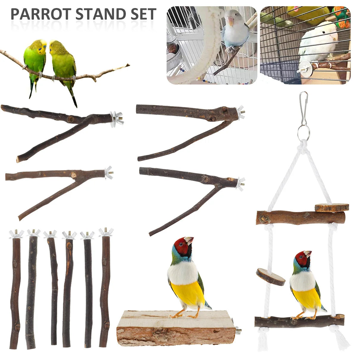 2/10pcs Natural Wood Bird Standing for Parrot Bird Perches Stick Parrot Stand Platform Wooden Exercise Climbing Paw Grinding Zpaxo