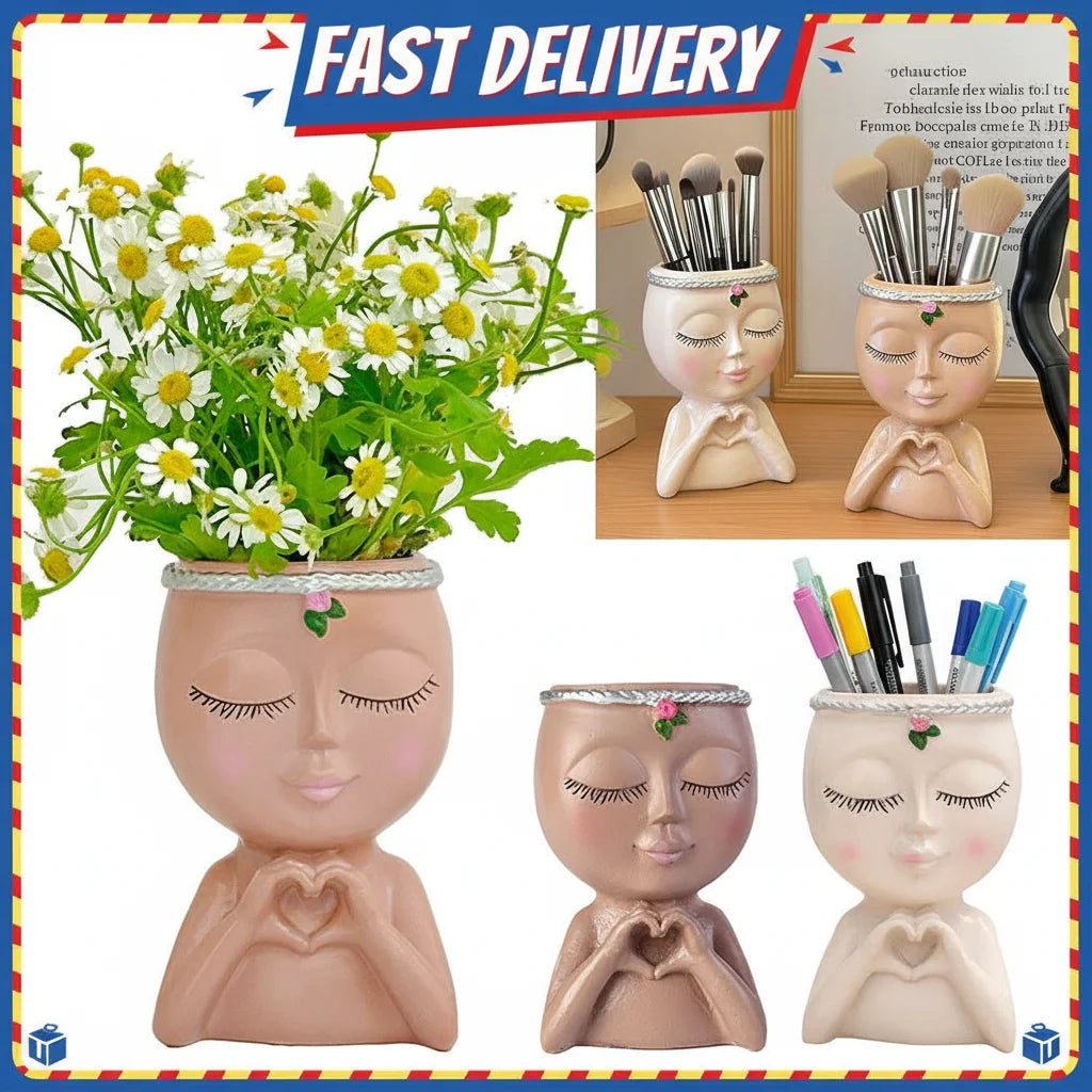 Resin Girl Face Planter with Drainage – Cute Succulent Pot Decorative Face Planter Zpaxo