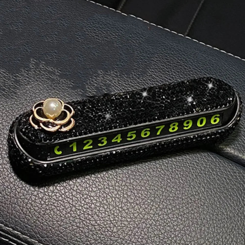 Diamond Car Temporary Parking Sign Rhinestone Phone Number Hidden Zpaxo flower black
