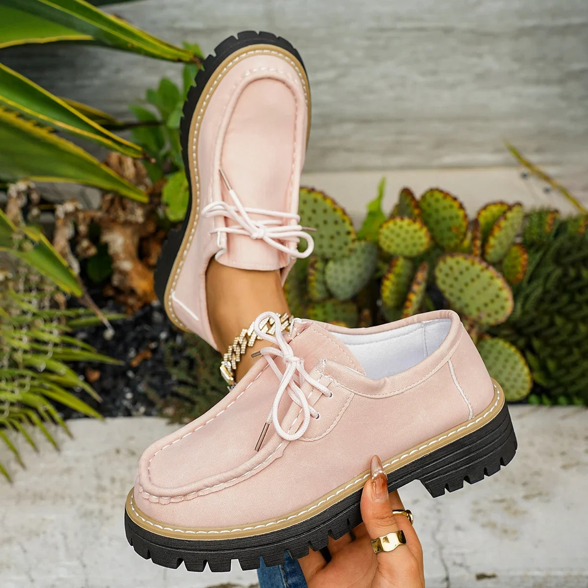 Woman Loafers Round Toe Rubber Outsole Sneakers Women Retro Autumn Large Size Shoes Ladies Casual British Style Thick Heel Shoes Zpaxo Pink 43