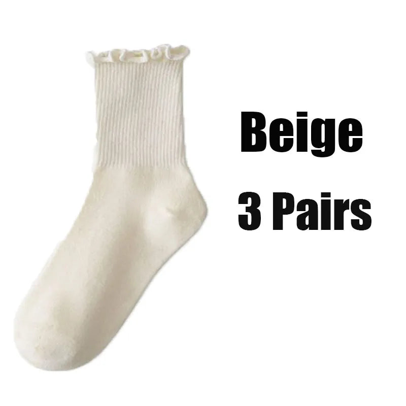 1 3pairs Ruffle Socks Women Mid Crew Middles Tube Ankle Breathable Zpaxo beige-3pairs
